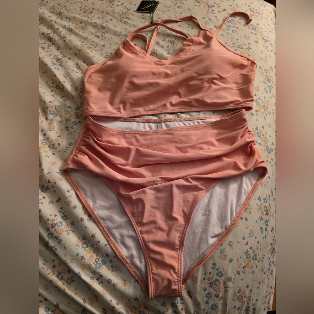 Pink Two-Piece Swimsuit bikini ruffle top high waist size Large
